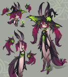  1girl :&lt; arms_at_sides black_sclera colored_sclera flat_chest green_eyes hat highres long_hair looking_at_viewer monster_girl no_pupils original plant plant_girl squeaky_(artist) tail thorns twintails very_long_hair vines witch witch_hat 