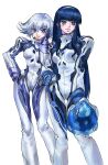  2girls blue_drop blue_eyes blue_eyeshadow blue_gloves blue_hair blue_hairband blush breasts eyeshadow gloves grey_hair hair_between_eyes hairband hand_on_hip hand_on_own_chest headwear_removed helmet helmet_removed highres long_hair looking_ahead looking_at_viewer makeup medium_breasts multiple_girls pilot_suit senkouji_hagino short_hair sidelocks simple_background smile tsubael very_long_hair yonemura_kouichirou 