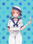  1girl blue_background blue_neckerchief bottle braid brown_eyes brown_hair hair_bobbles hair_ornament hand_in_pants hat hat_ornament highres holding holding_bottle innertube_earrings looking_at_viewer neckerchief original pants ramune red_nails sailor_collar sailor_hat sailor_shirt shiraco_(sgdv2435) shirt short_sleeves simple_background solo standing straight-on twin_braids twintails white_pants white_shirt 