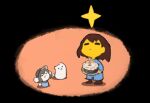  animal_ears anniversary annoying_dog birthday_cake blue_pants brown_footwear brown_hair cake closed_eyes closed_mouth dog dog_ears dog_tail food frisk_(undertale) happy_birthday highres pants shirt star_(symbol) striped striped_shirt tail temmie temmie_chang undertale 