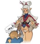  2023 blonde_hair blooparchive bottomless breasts clothed clothing dialogue duo english_text female genitals hair humanoid hylian link long_hair male nintendo not_furry paya pubes pussy sheikah simple_background speech_bubble text the_legend_of_zelda white_hair 