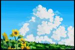  artist_name atinynut blue_sky cloud flower grass highres no_humans outdoors pixel_art sky studio_ghibli sunflower 