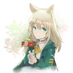  1girl animal_ear_fluff animal_ears arknights bow brown_hair closed_mouth collared_shirt e-bushi flower green_eyes green_jacket hair_between_eyes highres holding jacket long_hair long_sleeves looking_at_viewer open_clothes open_jacket pink_flower podenco_(arknights) puffy_long_sleeves puffy_sleeves red_flower shirt simple_background smile solo vase white_background white_shirt yellow_bow yellow_flower 