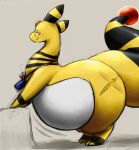  2023 ampharos bell bell_collar belly big_belly blush collar digital_drawing_(artwork) digital_media_(artwork) ears_up feral generation_2_pokemon hands_on_table hi_res looking_at_viewer male narrowed_eyes nintendo pokemon pokemon_(species) raised_tail raster_dreams smile solo solo_focus tail thick_thighs yellow_body 