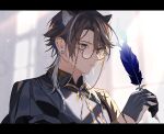  1boy animal_ears arknights bishounen black_gloves brown_hair cat_boy cat_ears ear_piercing from_side glasses gloves green_eyes highres hishoti_cheese holding holding_quill male_focus piercing playwright_(arknights) quill short_hair solo upper_body 