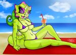 anthro beach bikini breasts chameleon clothing fan_character female green_body lizard overlord_gabriel reptile scalie seaside solo swimwear 