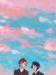  2boys alcryst_(fire_emblem) asymmetrical_hair blue_hair brothers closed_eyes cloud cloudy_sky diamant_(fire_emblem) fire_emblem fire_emblem_engage hair_ornament hairclip highres jacket male_focus multiple_boys official_alternate_costume open_mouth red_eyes red_hair shirt siblings sky smile white_shirt yoi0763 