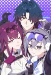  1boy 2girls bandaged_hand bandages blade_(honkai:_star_rail) fingerless_gloves gloves highres honkai:_star_rail honkai_(series) kafka_(honkai:_star_rail) lumbbyz multiple_girls purple_gloves purple_hair rabbit silver_wolf_(honkai:_star_rail) v 