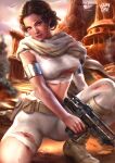  1girl absurdres artist_logo artist_name belt bodysuit boots brown_eyes brown_hair desert gun highres holding holding_gun holding_weapon logan_cure looking_at_viewer midriff on_one_knee outdoors padme_amidala patreon_username short_hair solo star_wars torn_bodysuit torn_clothes watermark weapon white_bodysuit 