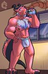  absurd_res anthro armpit_hair asian_clothing body_hair chest_hair clothed clothing dragon drinking_water east_asian_clothing eastern_dragon fundoshi fundoshi_only hand_on_hip hi_res japanese_clothing male male_anthro thekinkybear topless underwear underwear_only 