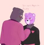  2023 abbytabbys anthro bear biped black_nose blush brown_body clothing dialogue duo english_text hi_res humanoid_hands mammal padre_(unicorn_wars) purple_body sargento_caricias shirt simple_background text topwear unicorn_wars 