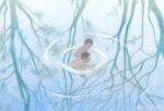  2boys absurdres bara bare_tree completely_nude couple faceless faceless_male from_above highres looking_at_another male_focus multiple_boys nude original painterly red_nose reflection reflective_water short_hair swimming tree winter yaoi yuzhou_fei_gou 