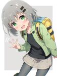  1girl absurdres backpack bag blush green_eyes green_jacket grey_hair gyorui_(katsuwo_drawing) hair_ornament hairclip highres jacket looking_at_viewer open_clothes open_jacket open_mouth pantyhose short_hair skirt smile solo two-tone_background waving yama_no_susume yukimura_aoi 