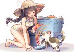  1girl anger_vein bare_arms bare_legs bikini black_hair blue_archive braid breasts cat charm_(object) claws closed_eyes coral fang feet fish hat legs low_twin_braids miyu_(blue_archive) miyu_(swimsuit)_(blue_archive) open_mouth print_bikini scratches scratching skin_fang small_breasts solo sun_hat sweatdrop swimsuit tearing_up thighs toes twin_braids yuuki_yuu 