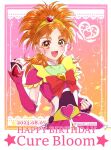  arm_warmers brooch brown_eyes brown_hair choker cure_bloom dress earrings fingerless_gloves futari_wa_precure_splash_star gloves gradient_background hair_ornament happy_birthday heart heart_brooch heart_hair_ornament high_ponytail hyuuga_saki jewelry long_hair looking_at_viewer magical_girl open_mouth orange_choker pink_choker pink_dress pink_sleeves ponytail precure red_background ribbon short_sleeves smile tanshi_tanshi wide_ponytail 
