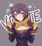  1girl bernadetta_von_varley blush breasts cleavage dress earrings english_commentary english_text fire_emblem fire_emblem:_three_houses fire_emblem_heroes gloves gold_trim grey_background grey_eyes hair_ornament highres jewelry lilshironeko long_sleeves looking_at_viewer medium_breasts purple_dress purple_hair short_dress short_hair simple_background smile solo strapless strapless_dress sweatdrop upper_body yellow_gloves 