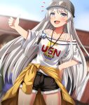  1girl absurdres azur_lane black_headwear black_shorts blurry blurry_background bra_strap cabbie_hat clothes_around_waist commentary_request cowboy_shot cutoffs day denim denim_shorts depth_of_field enterprise_(anniversary_ride)_(azur_lane) enterprise_(azur_lane) eyewear_on_headwear grey_eyes grey_hair hand_on_own_hip hat highres jacket jacket_around_waist jewelry long_hair necklace notice_lines off-shoulder_shirt off_shoulder official_alternate_costume open_mouth outdoors partial_commentary print_shirt shirt short_sleeves shorts smile solo standing sunglasses t-shirt thumbs_up very_long_hair white_shirt yellow_jacket zanntetu 