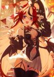  1girl :3 absurdres ahoge animal_ear_fluff animal_ears black_hair black_sleeves black_thighhighs black_wings blue_eyes blurry blurry_background blush bow bowtie breasts claw_pose colored_inner_hair demon_wings detached_sleeves fake_wings fang fingernails garter_straps hair_between_eyes hakos_baelz hands_up head_wings highres hololive hololive_english jiang_ye_kiri long_fingernails long_hair looking_at_viewer medium_breasts mouse_ears mouse_girl multicolored_hair open_mouth pleated_skirt red_bow red_bowtie red_hair skirt sleeveless smile solo streaked_hair string_of_flags thighhighs very_long_hair virtual_youtuber white_hair white_skirt wings 