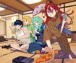  1boy 3girls :d ahoge barefoot basket black_hair blonde_hair blue_eyes blue_sash brown_kimono ceiling clenched_hand commentary controller food fruit game_controller glasses green_eyes green_hair green_kimono grin hair_between_eyes highres hipa_(some1else45) holding holding_controller holding_game_controller indoors japanese_clothes kimono knees long_hair mouth_hold multiple_girls nahia_(some1else45) opaque_glasses open_mouth orange_(fruit) original parted_lips playing_games pointing red_hair sash sekoshi_(some1else45) shirt short_hair shorts sitting sleeveless sleeveless_shirt smile some1else45 sweatdrop symbol-only_commentary tank_top tatami toes white_shirt 