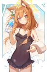  1girl animal_ear_fluff animal_ears bare_shoulders black_one-piece_swimsuit blue_archive blue_eyes bottle braid cowboy_shot flower frilled_one-piece_swimsuit frills hair_flower hair_ornament halo head_tilt highres holding holding_bottle long_hair looking_at_viewer low_twin_braids mari_(blue_archive) mari_(swimsuit)_(blue_archive) official_alternate_costume one-piece_swimsuit orange_hair parted_lips paw_print plastic_bottle qc6 smile solo sweatdrop swimsuit towel twin_braids water_bottle 