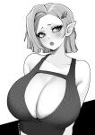  1girl artist_name blush brassica breasts cleavage cleavage_cutout clothing_cutout collarbone crop_top hair_ornament highres large_breasts original pointy_ears ribbed_shirt shirt short_hair sleeveless sleeveless_shirt solo sparkling_eyes thick_eyelashes upper_body 