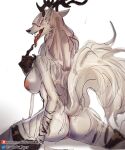  2023 anthro antlers anus beast_(bloodborne) bloodborne breasts butt canid canine eyes_closed female fromsoftware fur genitals hair hi_res horn kneeling looking_back mammal monster nipples nonoka917 open_mouth pussy rear_view solo sony_corporation sony_interactive_entertainment tongue tongue_out vicar_amelia white_body white_fur white_hair 