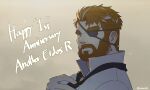  1boy anniversary another_eidos-r bara bart_(another_eidos) beard black_necktie blue_eyes brown_facial_hair brown_hair commentary_request copyright_name eyepatch facial_hair happy_anniversary highres hrio_(orenoaluze) looking_at_viewer male_focus multicolored_hair necktie one_eye_covered shirt thick_eyebrows twitter_username undone_necktie white_shirt 