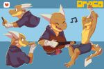  anthro bandaged_hand blue_bottomwear blue_clothing blue_shorts bottomwear cheek_spikes closed_smile clothed clothing eyes_closed facial_spikes glistening glistening_eyes guitar hi_res horn kobold kuttoyaki lying male mouth_closed musical_instrument on_front open_mouth open_smile orange_body playing_guitar playing_music plucked_string_instrument purple_clothing purple_topwear red_clothing red_topwear shorts simple_background sitting smile solo spikes spikes_(anatomy) string_instrument topless topwear white_horn yellow_body 