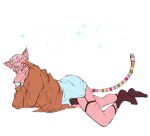  animal_humanoid blue_eyes bottomwear bulge clothed clothing covering covering_face destielconfession_(karina_farek) drawfee drawfee_(copyright) garter_straps humanoid jumpstart_games karina_farek kougra male neopet_(species) neopets prick_ears scar solo 