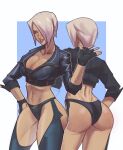  1girl absurdres angel_(kof) ass backless_pants blue_eyes bra breasts chaps cleavage crop_top cropped_jacket fingerless_gloves gloves hair_over_one_eye highres jacket large_breasts leather leather_jacket lipstick makeup midriff navel panties pants shiny_skin short_hair snk solo strapless strapless_bra tan the_king_of_fighters the_king_of_fighters_xiv toned twt4gn underwear white_hair 