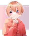  1boy closed_mouth hair_between_eyes highres honey_82n hood hoodie long_sleeves male_focus orange_hair original red_eyes red_hoodie short_hair solo v v_over_mouth 