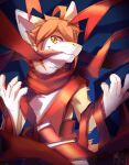  absurd_res anthro chest_tuft dragon front_view fur furred_dragon glistening glistening_eyes hair half-length_portrait hi_res kutto kuttoyaki looking_at_viewer male nude orange_eyes orange_hair portrait ribbons simple_background solo tuft white_body white_fur yellow_body yellow_fur 