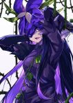  1girl arms_up black_hair breasts colored_tongue dress elbow_gloves flower flower_on_head gloves highres long_hair looking_at_viewer medium_breasts one_eye_covered open_mouth plant purple_dress purple_eyes purple_flower purple_gloves purple_tongue short_sleeves sidelocks solo tierra_misu touhou upper_body very_long_hair vines white_background yomotsu_hisami 