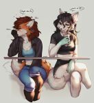  anthro arctic_fox black_hair blue_eyes blush brown_hair canid canine clothed clothing dark_sclera duo female fox fully_clothed fur hair hi_res mammal multicolored_body multicolored_fur public sex_toy speech_bubble spuydjeks two_tone_body two_tone_fur vibrator 