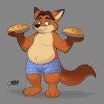  1:1 2022 anthro black_nose bulge canid canine clothing dessert disney dorkyrudy food fox gideon_grey hi_res male mammal orange_body overweight overweight_male pie simple_background solo underwear zootopia 