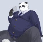  2023 absurd_res anthro bari_mu bear belly big_belly black_body black_nose bottomwear clothing giant_panda hi_res humanoid_hands kemono male mammal necktie overweight overweight_male pants shirt simple_background sitting solo topwear white_body 