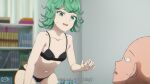  1boy 1girl artist_logo bald black_bra black_panties book bookshelf bra english_text flipped_hair green_eyes green_hair indoors keihh navel one-punch_man open_mouth panties saitama_(one-punch_man) short_hair subtitled sweatdrop tatsumaki underwear 