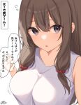  1girl absurdres breasts brown_eyes brown_hair commentary_request highres large_breasts long_hair looking_at_viewer original parted_lips ramchi shirt simple_background sleeveless sleeveless_shirt speech_bubble translation_request upper_body white_background white_shirt 