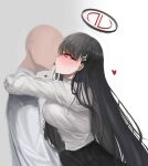  1boy 1girl black_hair blue_archive breasts copyright_request french_kiss halo heart heart-shaped_pupils highres jaha709953 kiss large_breasts long_hair rio_(blue_archive) symbol-shaped_pupils tongue tongue_out 