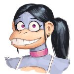  anthro bangs choker ear_piercing ear_ring eyebrows eyelashes female hair haplorhine hi_res jewelry looking_at_viewer mammal monkey necklace piercing pink_choker pink_eyes pink_jewelry pink_necklace ponytail primate redustheriotact ring_piercing shaded smile smiling_at_viewer solo 