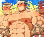  3boys aether_deity_(housamo) arm_hair arms_behind_back back_hair bandaid bandaid_on_face bara beard_stubble big_nose blue_hair blush body_hair bound bound_arms chest_hair cropped dark-skinned_male dark_skin ear_blush hachimaki hairy halo_behind_head head_steam headband huge_eyebrows karakuraax large_pectorals light_brown_hair male_focus mature_male multiple_boys muscular muscular_male mustache_stubble navel nether_deity_(housamo) nipples old old_man pectorals rope short_hair shy sideburns sparse_chest_hair stomach strongman_waist sweat thick_eyebrows tokyo_afterschool_summoners topless_male translation_request upper_body v-shaped_eyebrows very_sweaty water_deity_(housamo) wrinkled_skin 
