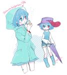  1girl aqua_footwear aqua_shorts aqua_vest bandaid bandaid_on_leg blue_eyes blue_hair blue_raincoat blush boots character_name cup hair_between_eyes hat heterochromia highres holding holding_cup holding_umbrella long_sleeves m_(m073111) multiple_views purple_headwear raincoat red_eyes rubber_boots shirt short_hair shorts tatara_kogasa tongue tongue_out top_hat touhou umbrella white_shirt 