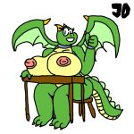  anthro big_breasts binary_drawing breast_rest breasts chair clawed_fingers claws collar countershading cuffs_(clothing) dragon eyelashes female flat_colors furniture gesture green_body horn jimothy_dickerman outline signature simple_background simple_eyes smile smiling_at_viewer solo table tail thumbs_up toe_claws white_background wings 