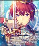  1boy blurry blurry_background chi_yu closed_mouth commentary_request crown dated ensemble_stars! epaulettes gloves hands_up happy_birthday holding holding_sword holding_weapon long_sleeves looking_at_viewer male_focus purple_eyes red_hair short_hair solo suou_tsukasa sword upper_body weapon 