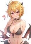  1girl absurdres ahoge alternate_costume b1ack_illust bare_arms bare_shoulders bikini bikini_skirt black_bikini black_choker blonde_hair breasts choker cleavage demon_girl demon_horns demon_tail demon_wings fang front-tie_bikini_top front-tie_top halterneck hand_on_own_chest hand_up heart highleg highleg_bikini highres horns ibuki_tsubasa idolmaster idolmaster_million_live! idolmaster_million_live!_theater_days large_breasts looking_at_viewer low_wings navel open_mouth red_eyes short_hair simple_background smile solo stomach string_bikini swimsuit tail upper_body white_background wings 