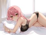  1girl armpit_crease bare_shoulders black_bra black_panties blush bra breasts closed_mouth indoors large_breasts long_hair looking_at_viewer lying on_side on_stomach original panties pillow pink_hair solo tacco_(tikeworld) thighs underwear underwear_only window yellow_eyes 