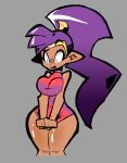  2023 absurd_res bare_shoulders blue_eyes bottomless breasts brown_body brown_skin clothed clothing covering covering_crotch eks-out female genie hair hi_res humanoid humanoid_pointy_ears long_hair not_furry open_mouth ponytail purple_hair shantae shantae_(series) shirt shirt_only simple_background solo topwear topwear_only wayforward 