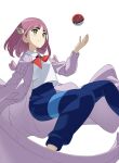  1girl blue_pants blunt_bangs closed_mouth coat collared_shirt eyelashes hair_ornament hairclip hand_up highres ia_(ilwmael9) lacey_(pokemon) long_hair looking_up open_clothes open_coat pants pink_hair poke_ball poke_ball_(basic) pokemon pokemon_(game) pokemon_sv purple_coat shirt simple_background smile solo split_mouth white_background white_shirt yellow_eyes 