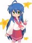  1girl :3 absurdres ahoge arm_at_side blue_hair blush blush_stickers collarbone dot_nose green_eyes hair_between_eyes highres izumi_konata jaggy_lines long_hair long_sleeves looking_at_viewer lucky_star neckerchief pink_neckerchief pizamanmgmg_1 red_sailor_collar red_serafuku red_skirt sailor_collar school_uniform serafuku shirt skirt sleeves_past_wrists solo star_(symbol) v very_long_hair white_background white_shirt 