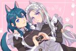  2girls animal_ears apron arm_around_back arm_around_shoulder black_dress blue_eyes blue_hair blush breasts byleth_(fire_emblem) cat_ears cat_girl cat_tail dress edelgard_von_hresvelg fire_emblem fire_emblem:_three_houses furrowed_brow grey_hair hair_between_eyes hair_ornament heart heart_hands heart_hands_duo highres juliet_sleeves kemonomimi_mode large_breasts light_smile long_hair long_sleeves looking_at_viewer maid_apron maid_headdress medium_breasts medium_hair multiple_girls parted_bangs pink_background puffy_sleeves purple_eyes radiostarkiller tail waist_apron white_apron x_hair_ornament 